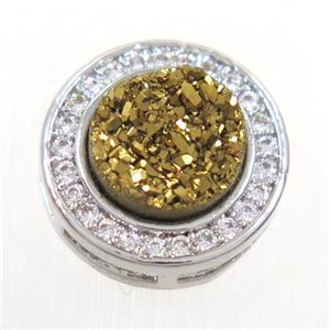golden Druzy Quartz beads pave zircon, flat-round, platinum plated, approx 8mm, 13mm dia