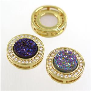 mix color Druzy Quartz beads pave zircon, flat-round, gold plated, approx 8mm, 13mm dia