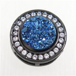 blue Druzy Quartz beads pave zircon, flat-round, black plated, approx 8mm, 13mm dia