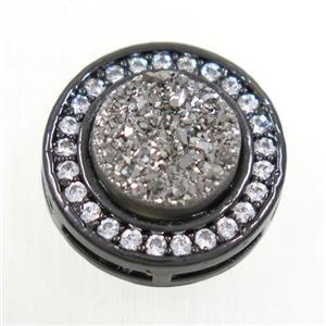silver Druzy Quartz beads pave zircon, flat-round, black plated, approx 8mm, 13mm dia
