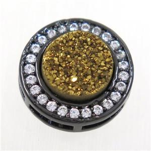 gold Druzy Quartz beads pave zircon, flat-round, black plated, approx 8mm, 13mm dia