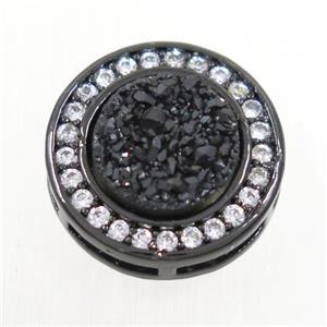 black Druzy Quartz beads pave zircon, flat-round, black plated, approx 8mm, 13mm dia