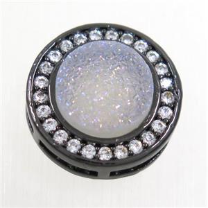 white AB-color Druzy Quartz beads pave zircon, flat-round, black plated, approx 8mm, 13mm dia