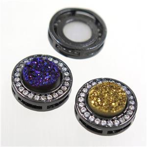 mix color Druzy Quartz beads pave zircon, flat-round, black plated, approx 8mm, 13mm dia