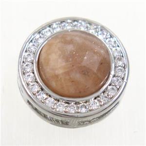 peach MoonStone beads pave zircon, flat-round, platinum plated, approx 8mm, 13mm dia