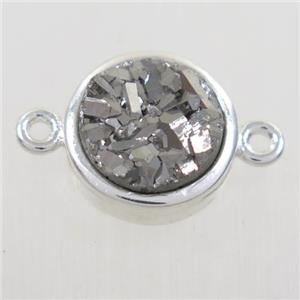 silver Druzy quartz circle connector, gold plated, approx 12mm dia