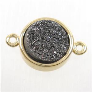 black Druzy quartz circle connector, gold plated, approx 12mm dia