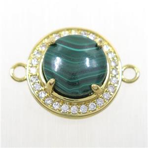 green Malachite connector pave zircon, flat round, gold plated, approx 10mm, 16mm dia