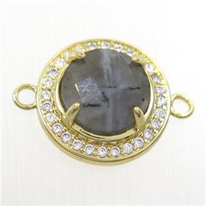 gray moonstone connector pave zircon, flat round, gold plated, approx 10mm, 16mm dia