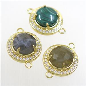 mix gemstone connector pave zircon, flat round, gold plated, approx 10mm, 16mm dia