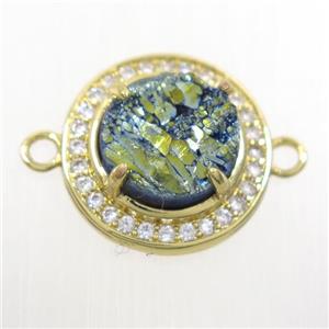green Druzy agate connector pave zircon, flat round, gold plated, approx 10mm, 16mm dia