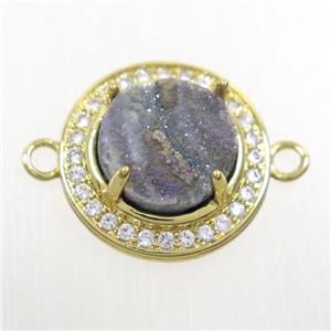 natural color Druzy agate connector pave zircon, flat round, gold plated, approx 10mm, 16mm dia