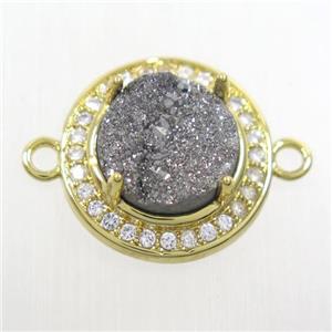 silver Druzy agate connector pave zircon, flat round, gold plated, approx 10mm, 16mm dia