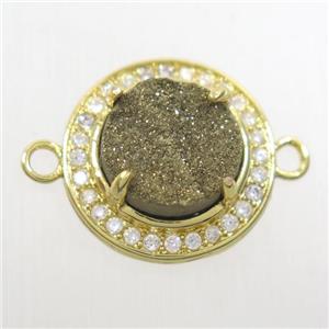 golden Druzy agate connector pave zircon, flat round, gold plated, approx 10mm, 16mm dia