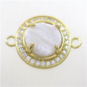 white AB-color Druzy agate connector pave zircon, flat round, gold plated, approx 10mm, 16mm dia