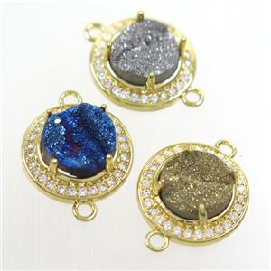 mix color Druzy agate connector pave zircon, flat round, gold plated, approx 10mm, 16mm dia