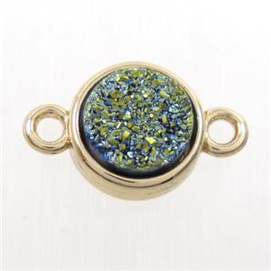 green Druzy agate connector, flat-round, gold plated, approx 10mm dia