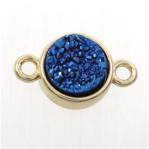 blue Druzy agate connector, flat-round, gold plated, approx 10mm dia