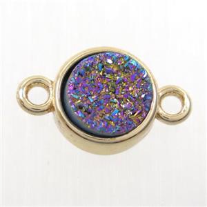 rainbow Druzy agate connector, flat-round, gold plated, approx 10mm dia