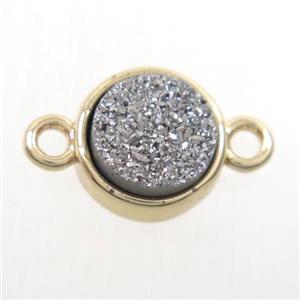 silver Druzy agate connector, flat-round, gold plated, approx 10mm dia