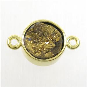 golden Druzy agate connector, flat-round, gold plated, approx 10mm dia