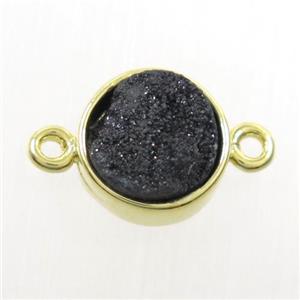 black Druzy agate connector, flat-round, gold plated, approx 10mm dia