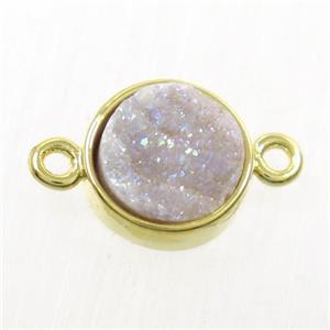 white AB-color Druzy agate connector, flat-round, gold plated, approx 10mm dia