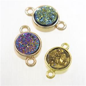 mix color Druzy agate connector, flat-round, gold plated, approx 10mm dia