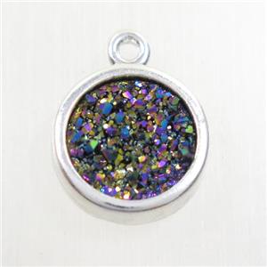 rainbow Druzy agate pendant, circle, platinum plated, approx 12mm