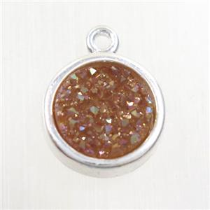 golden champagne Druzy agate pendant, flat-round, platinum plated, approx 12mm