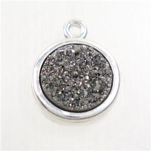 silver Druzy agate pendant, flat-round, platinum plated, approx 12mm