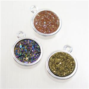 mix color Druzy agate pendant, flat-round, platinum plated, approx 12mm