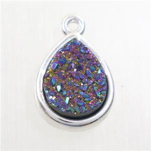 rainbow Druzy agate pendant, teardrop, platinum plated, approx 11-14mm