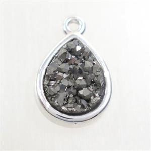 silver Druzy agate pendant, teardrop, platinum plated, approx 11-14mm