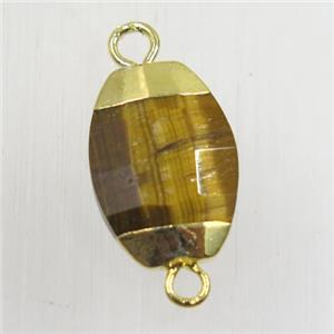 yellow Tiger eye stone connector, faceted oval, gold plated, approx 10-14mm