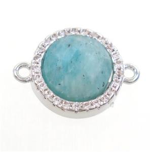 Amazonite connector paved zircon, circle, platinum plated, approx 11mm dia