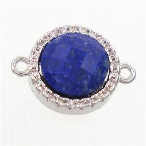blue Lapis Lazuli connector paved zircon, circle, platinum plated, approx 11mm dia