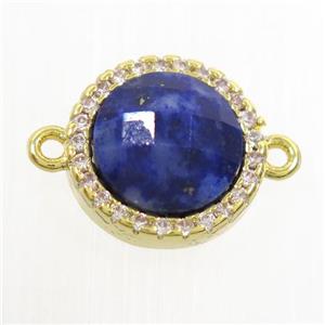 blue Lapis Lazuli connector paved zircon, circle, gold plated, approx 11mm dia