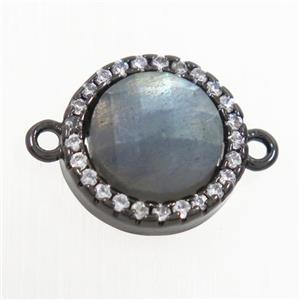 Labradorite connector paved zircon, circle, black plated, approx 11mm dia