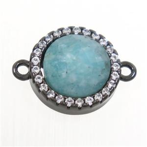 Amazonite connector paved zircon, circle, black plated, approx 11mm dia