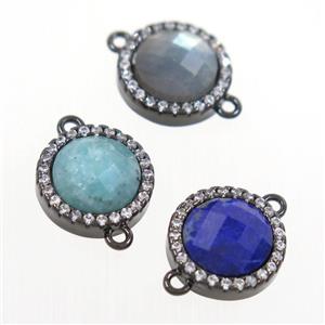 mixed gemstone connector paved zircon, circle, black plated, approx 11mm dia