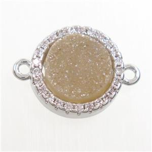 gold champagne Druzy Quartz connector paved zircon, circle, platinum plated, approx 11mm dia