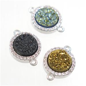 mixed color Druzy Quartz connector paved zircon, circle, platinum plated, approx 11mm dia