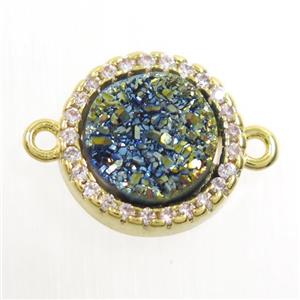 green Druzy Quartz connector paved zircon, circle, gold plated, approx 11mm dia