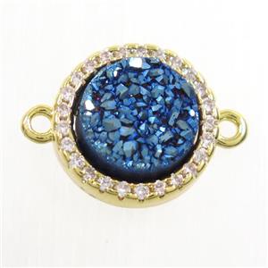 blue Druzy Quartz connector paved zircon, circle, gold plated, approx 11mm dia