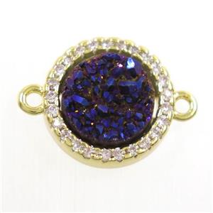 purple Druzy Quartz connector paved zircon, circle, gold plated, approx 11mm dia