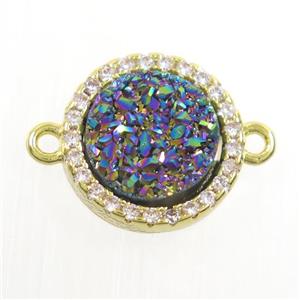 rainbow Druzy Quartz connector paved zircon, circle, gold plated, approx 11mm dia