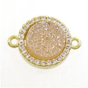 gold champagne Druzy Quartz connector paved zircon, circle, gold plated, approx 11mm dia