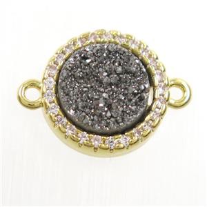 silver Druzy Quartz connector paved zircon, circle, gold plated, approx 11mm dia