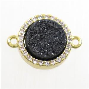 black Druzy Quartz connector paved zircon, circle, gold plated, approx 11mm dia